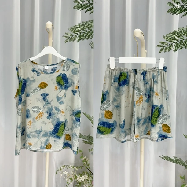 背心短裤棉绸睡衣睡裤遛弯套装