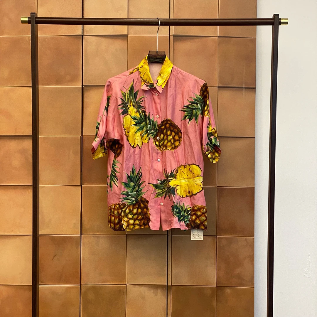 DG桑蚕丝樱花粉菠萝印花短袖衬衫/44码/99新/29064