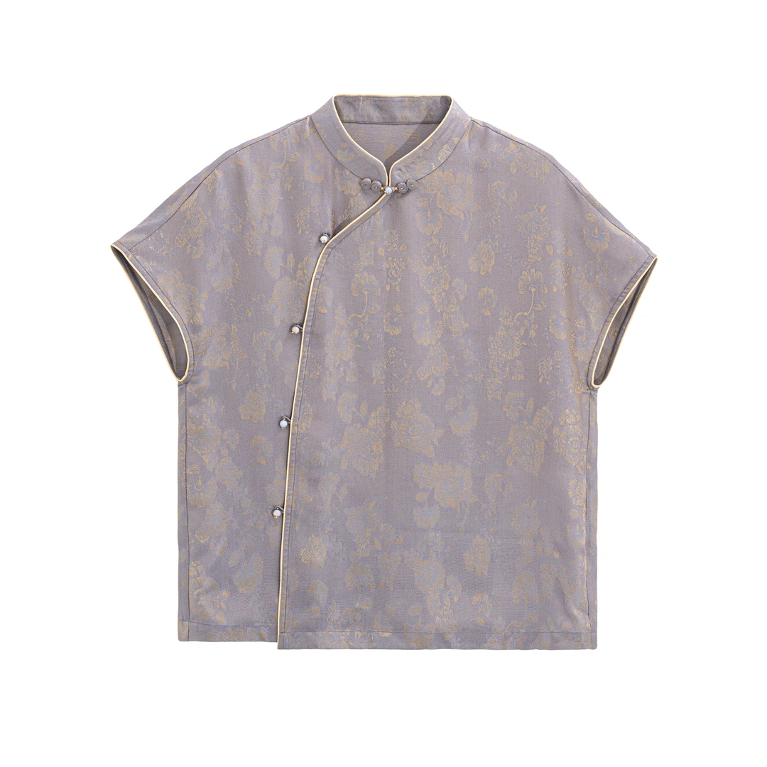 【紫玉】新中式桑蚕丝斜襟立领短袖提花短袖薄款复古上衣B517035