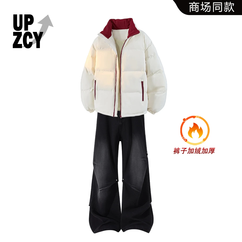 UPZCY美潮复古男装棉服套装2025冬季新款加绒加厚水洗男士牛仔裤