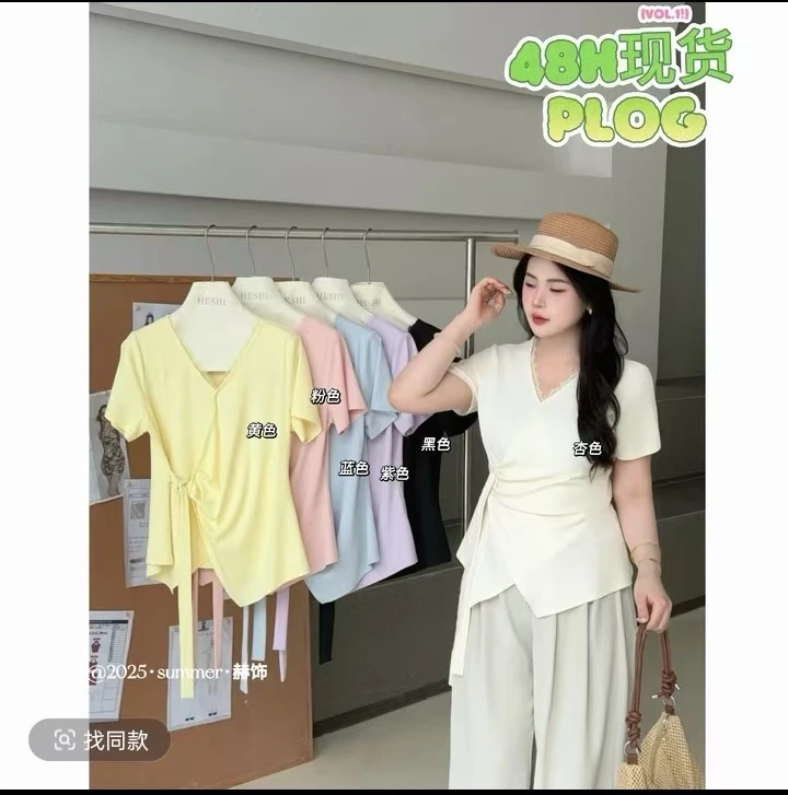 【熙小范】宽松型修身型常规短袖V领圆领T恤ol粉色紫色不规则