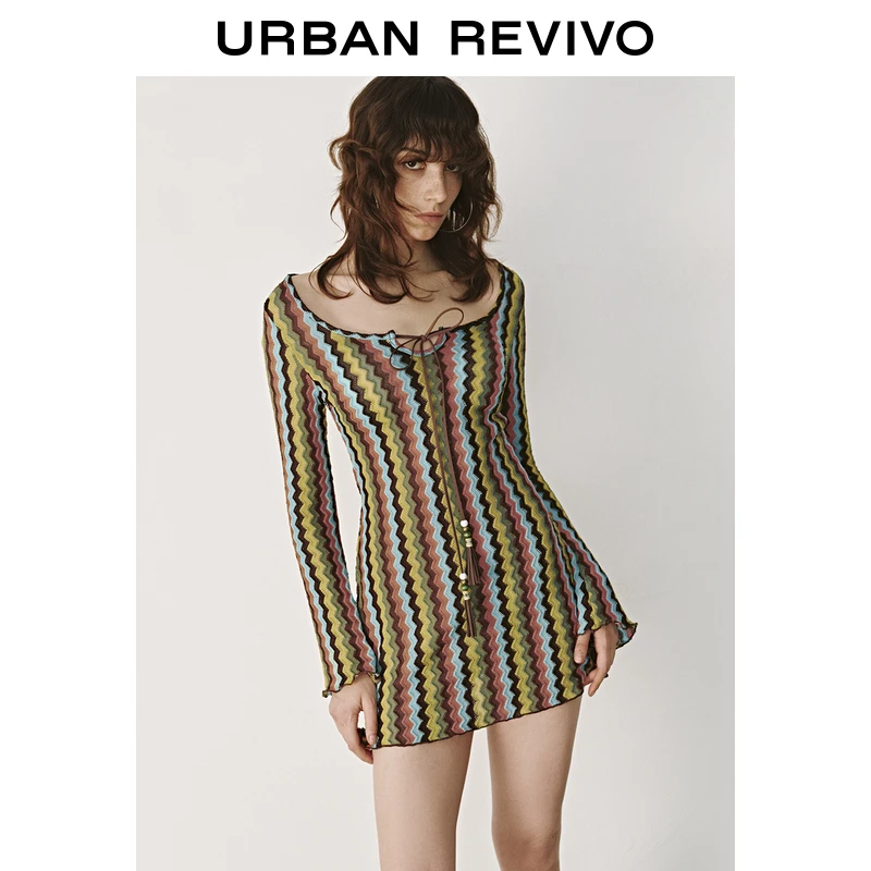 UR2025秋季新款女装复古波浪纹系带喇叭袖连衣裙UYL750009