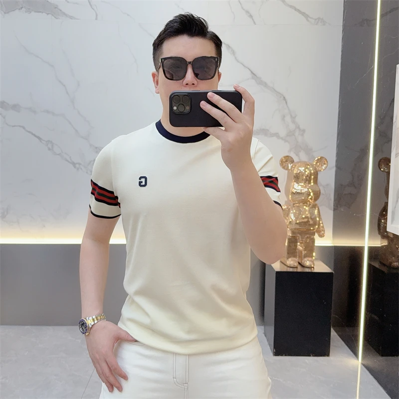 比珀卢瑟男士夏季简约徽章条纹上衣半袖时尚潮流修身百搭休闲T恤