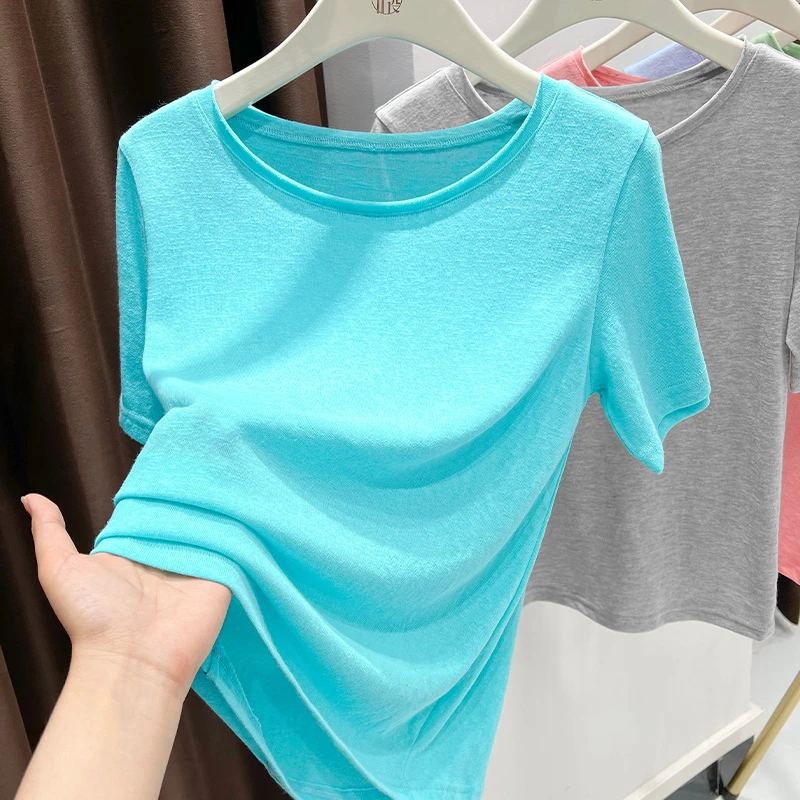 蓝色宽松休闲打底小衫2025夏季新款外穿圆领短袖T恤慵懒感上衣女