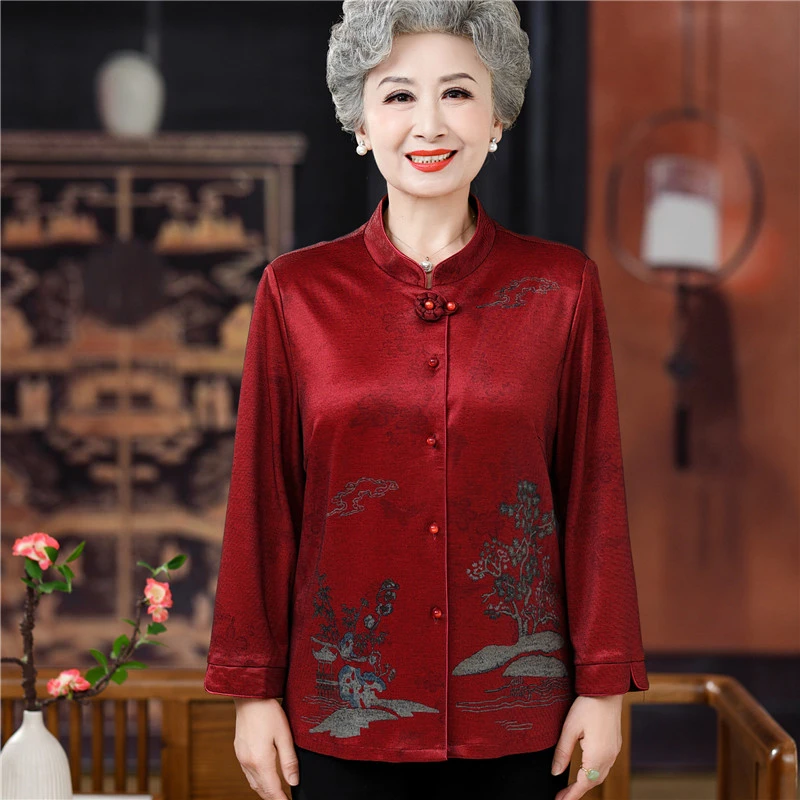 新款女装开衫春秋装小衫唐装喜庆婚宴奶奶老年人衬衫上衣外套气质