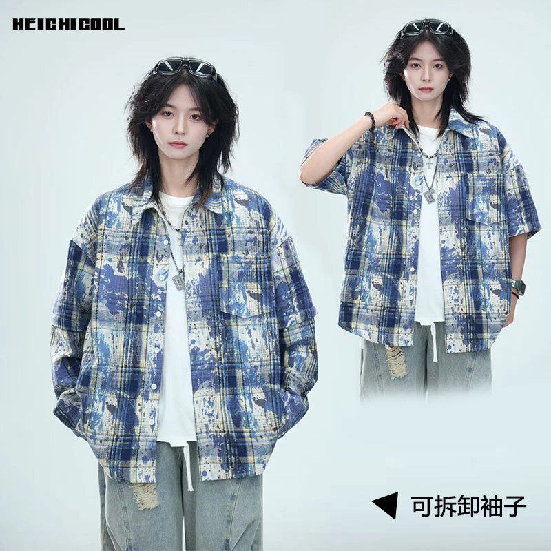 heichiage复古扎染衬衫可拆卸袖子春秋新款格子高级感长袖外套