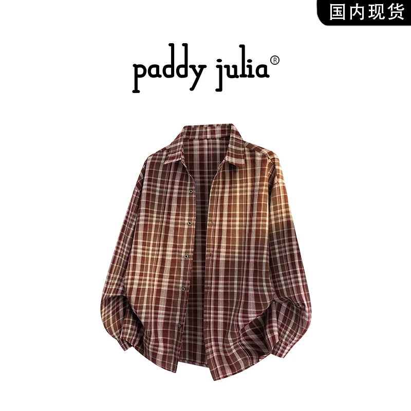 Paddy julia美式格子衬衫春秋季新款男生设计感休闲百搭长袖衬衣