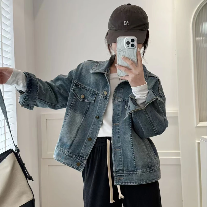 25秋季经典复古翻领純棉水洗丹宁牛仔外套宽松显瘦夹克上衣25592
