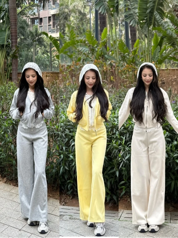 休闲时尚套装女2025春秋新款拼接蕾丝假两件连帽拉链外套两件套女