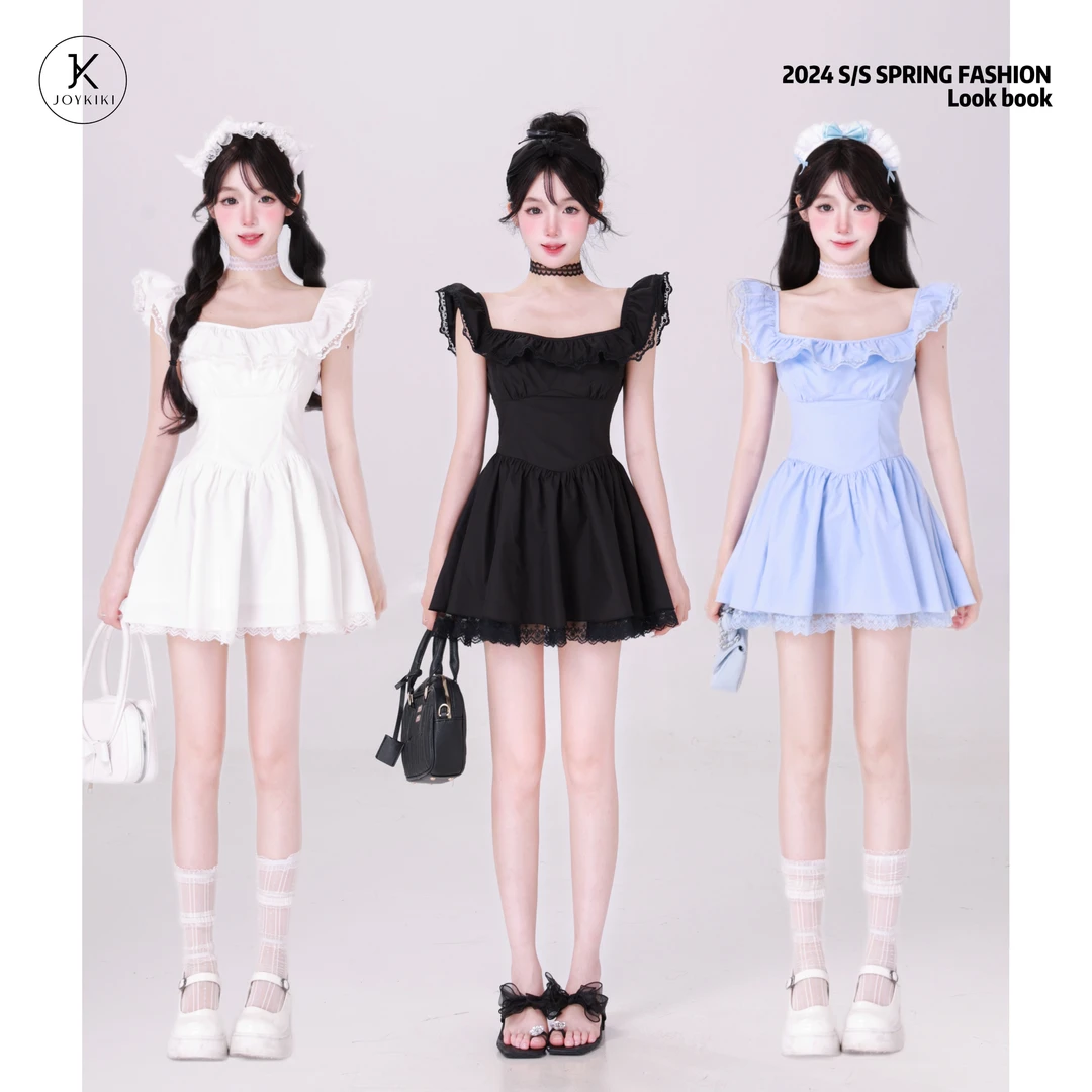 【JOYKIKI 清清!】【温蒂千金】夏季气质拼接蕾丝修身连衣裙 J24B283