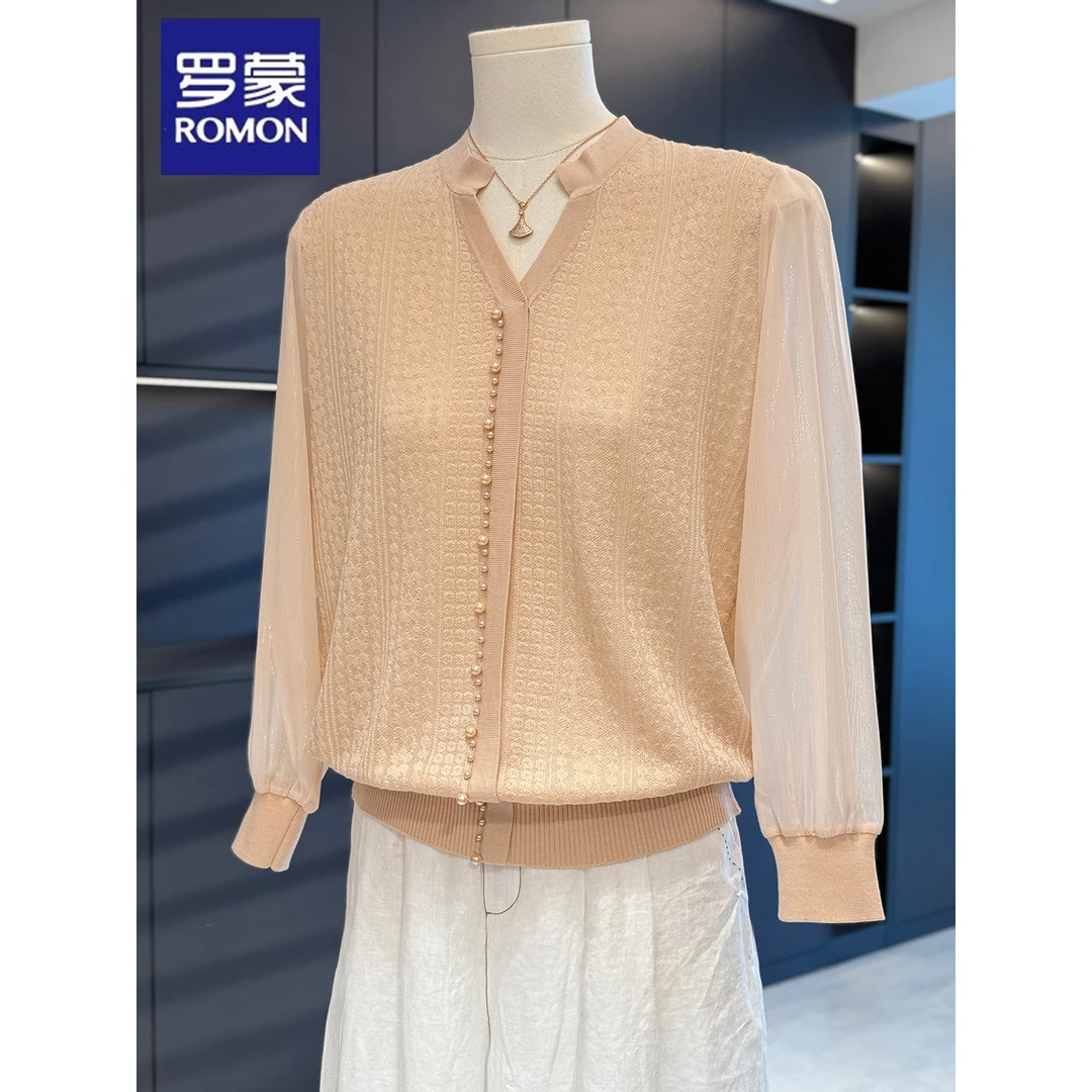罗蒙时尚妈妈装雪纺拼接针织衫女秋装新款上衣气质百搭中老年打底