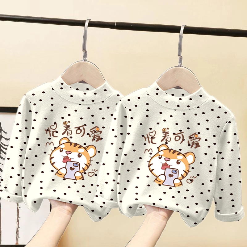 女童德绒半高领长袖T恤白色卡通印花洋气打底衫上衣潮冬季童装