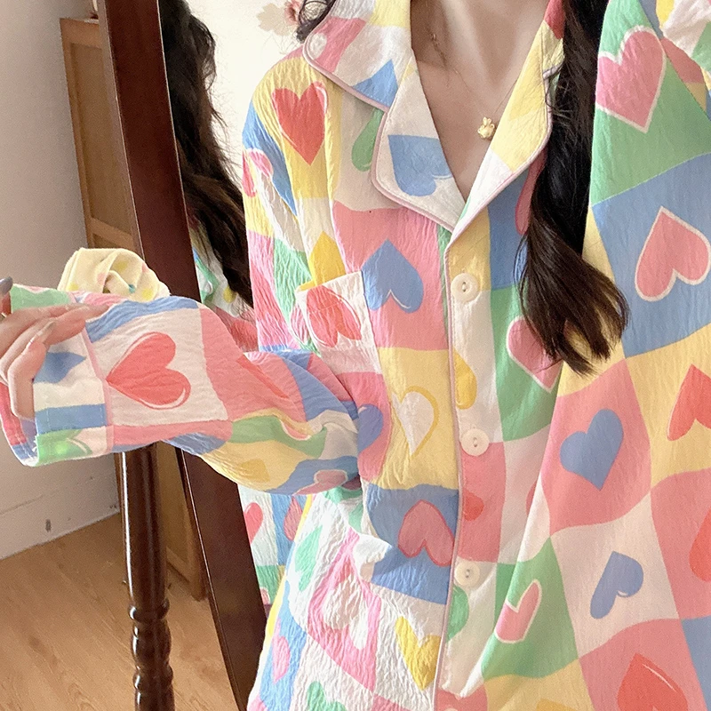 彩绘爱心睡衣女春秋可爱长袖学生两件套泡泡棉家居服韩系ins套装