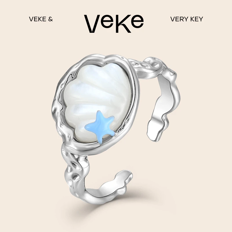 VEKE 铜合金合成锆石戒指 「海洋来信」珐琅贝壳戒指时尚个性