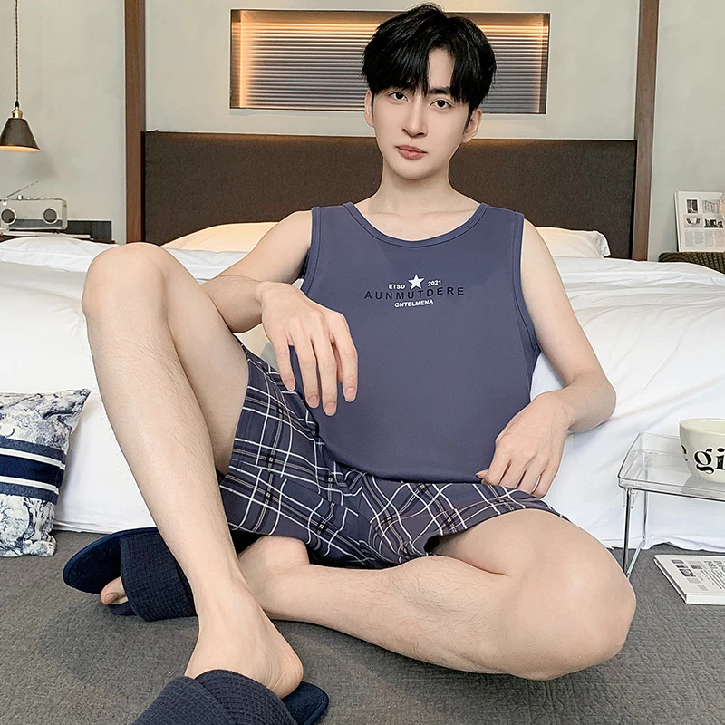 男士睡衣夏季薄款莫代尔背心短裤大码青少年家居服可外穿冰丝套装