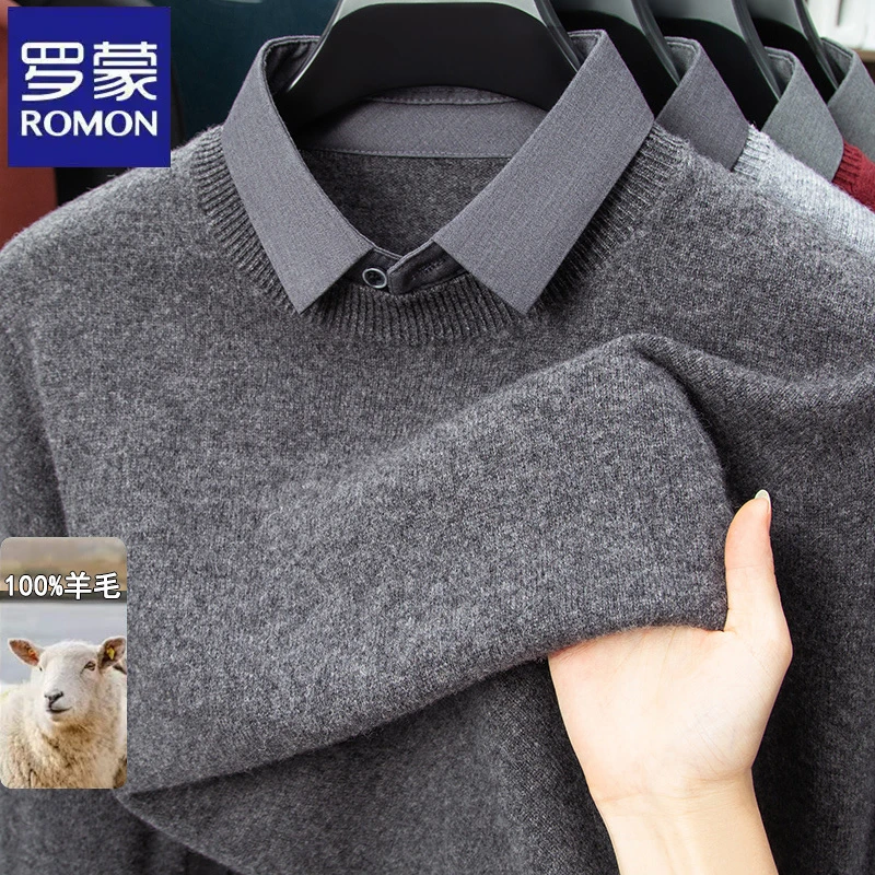 【100%绵羊毛】罗蒙纯色商务翻领假两件长袖毛衣秋冬季男士针织上衣