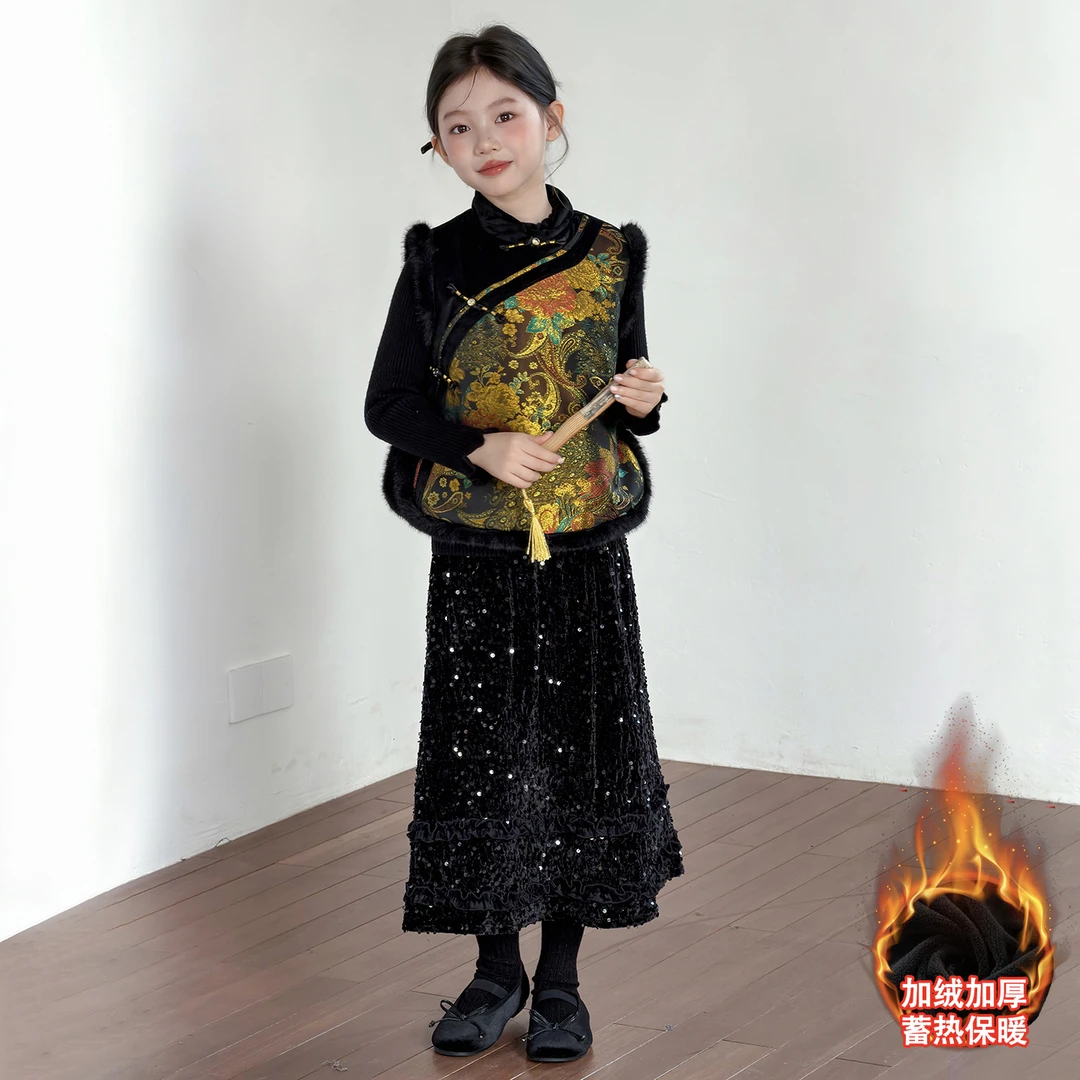 女童新中式夹棉旗袍马甲秋冬宝宝加厚保暖国风唐装背心拜年服汉服