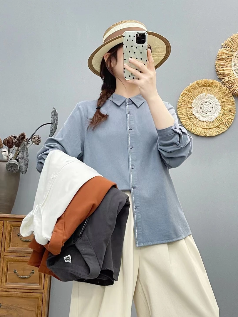 纯棉磨毛衬衫女2025春秋季新款文艺复古简约长袖宽松休闲衬衣女