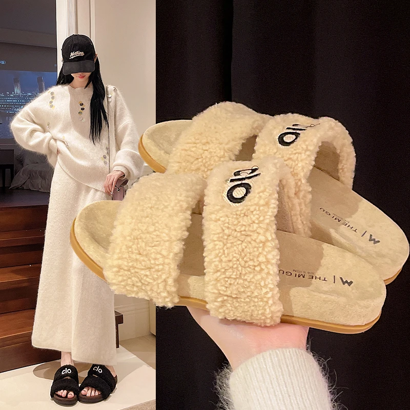 2025新款羔毛毛鞋字母一字露趾毛毛拖外穿拖鞋网红爆款平底女鞋