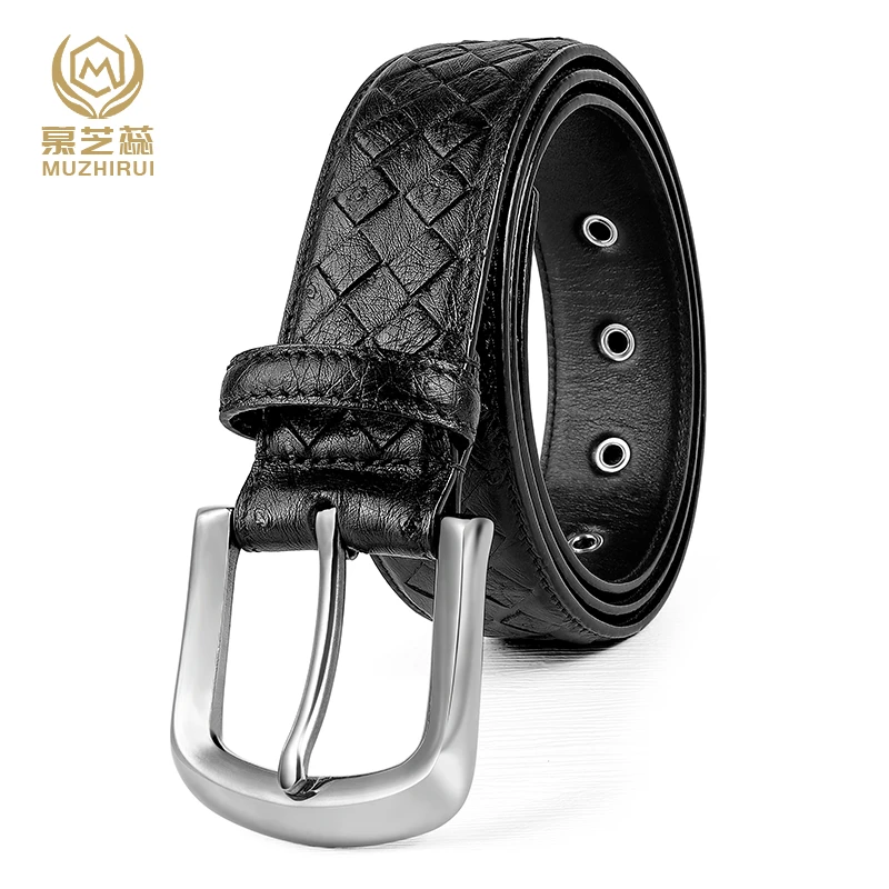 慕芝蕊南非鸵鸟皮编织皮带男士白钢奢华针扣腰带时尚休闲商务潮流