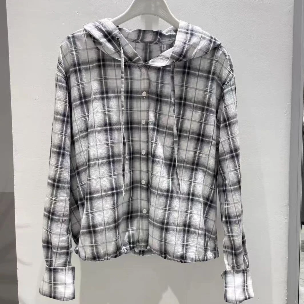 1432商场同款2025夏季新款休闲百搭薄款格纹连帽衬衫上衣女