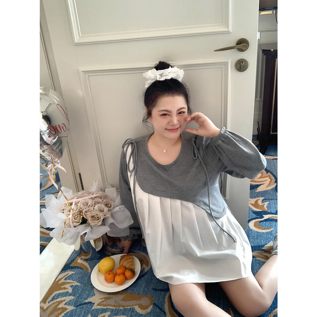 【肉肉定制】大码女装春季新品设计感拼接长袖T恤胖mm内搭假两件