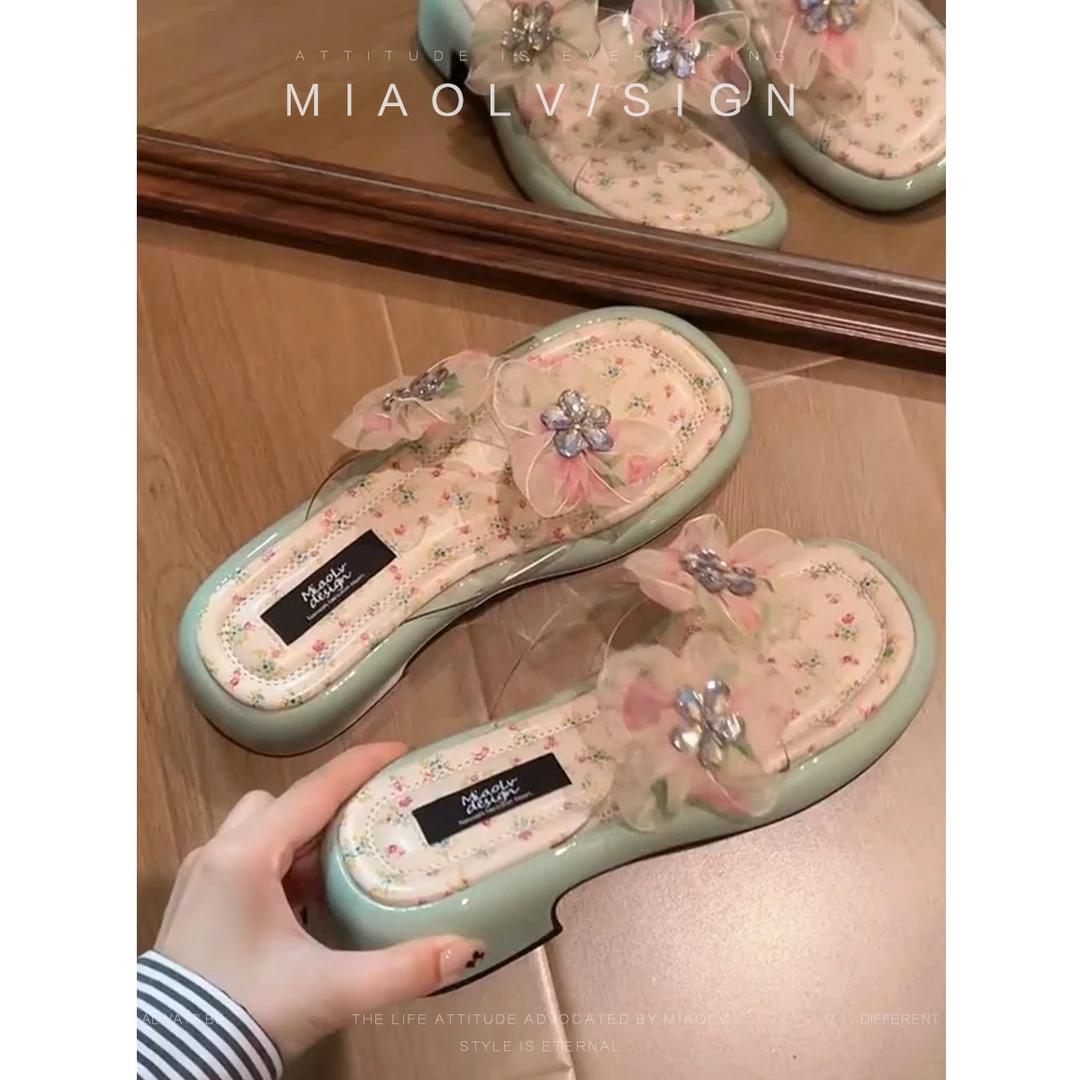 KB「妙侣」清新芭蕾风~粗跟人字半拖鞋女款夏季仙女风外穿露趾凉鞋