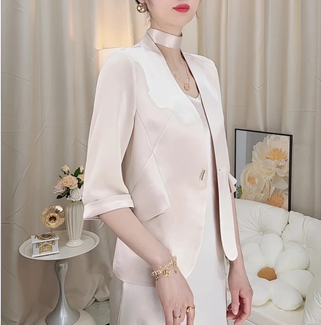 8033醋酸鎏光锻拼接美菱麻西装短外套夏季高端女装气质显瘦七分袖