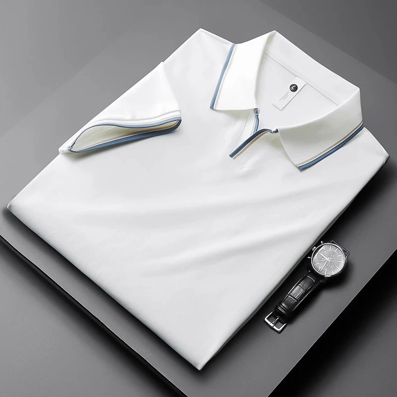 高端夏季薄款柔软亲肤白色小领polo衫男短袖修身透气翻领t恤男士