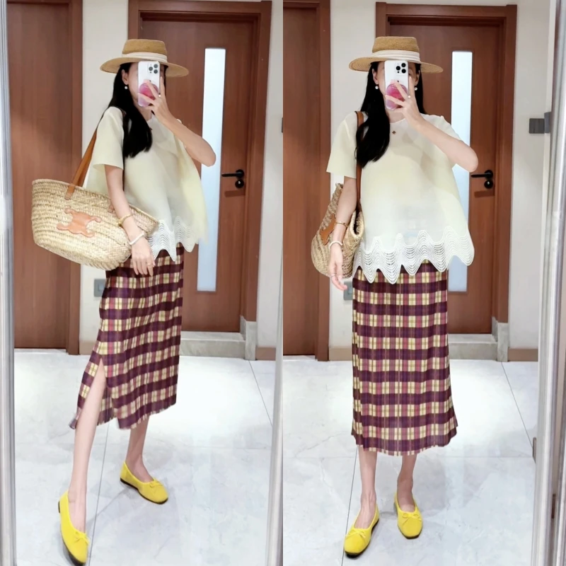 【韩女士穿搭】夏季新款横纹拼接波浪上衣加格子半裙黄油可露丽