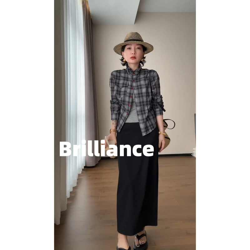 【红扣藏青】格子百搭防晒轻薄透气衬衫（另配黑扣一套）