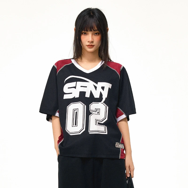 SFNT 拼色网眼球服V领短袖T恤 美式复古休闲街头国潮牌情侣款