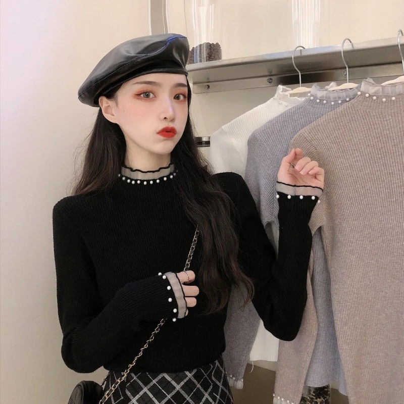 3527大码2025春季新款半高领针织打底衫胖mm宽松显瘦蕾丝长袖毛衣