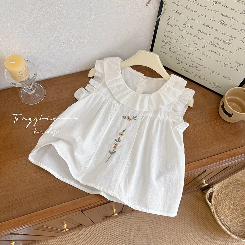 夏季新款纯棉女童衬衣衬衫短袖娃娃衫刺绣小花夏装薄款甜美上衣潮