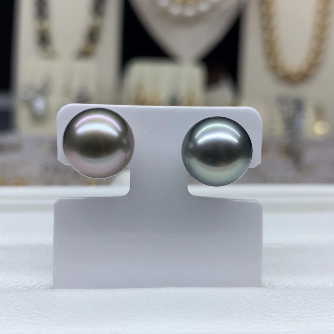 耳饰海水珍珠18K金镶嵌10.7mm大溪地黑珍珠耳钉