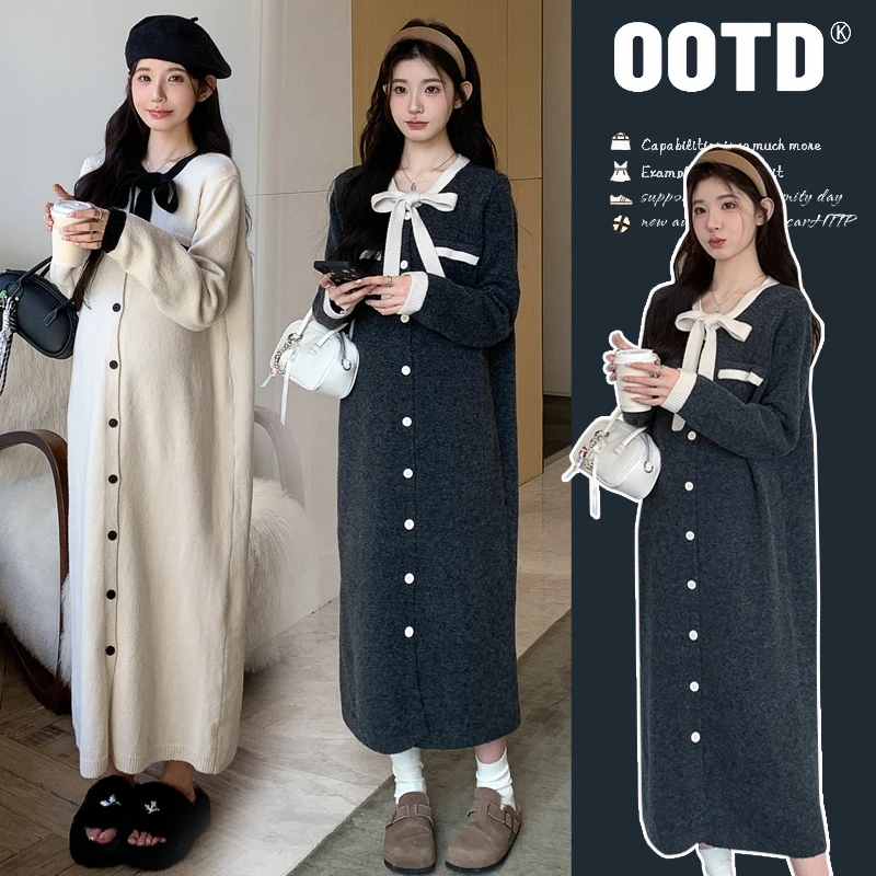2025秋冬新款孕妇小香风系带开扣气质宽松撞色显瘦毛衣连衣裙