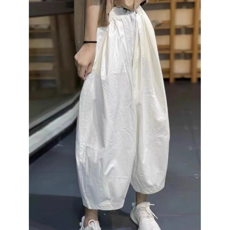 2025年夏季新款文艺捏褶白色哈伦裤女薄款宽松显瘦百搭休闲九分裤