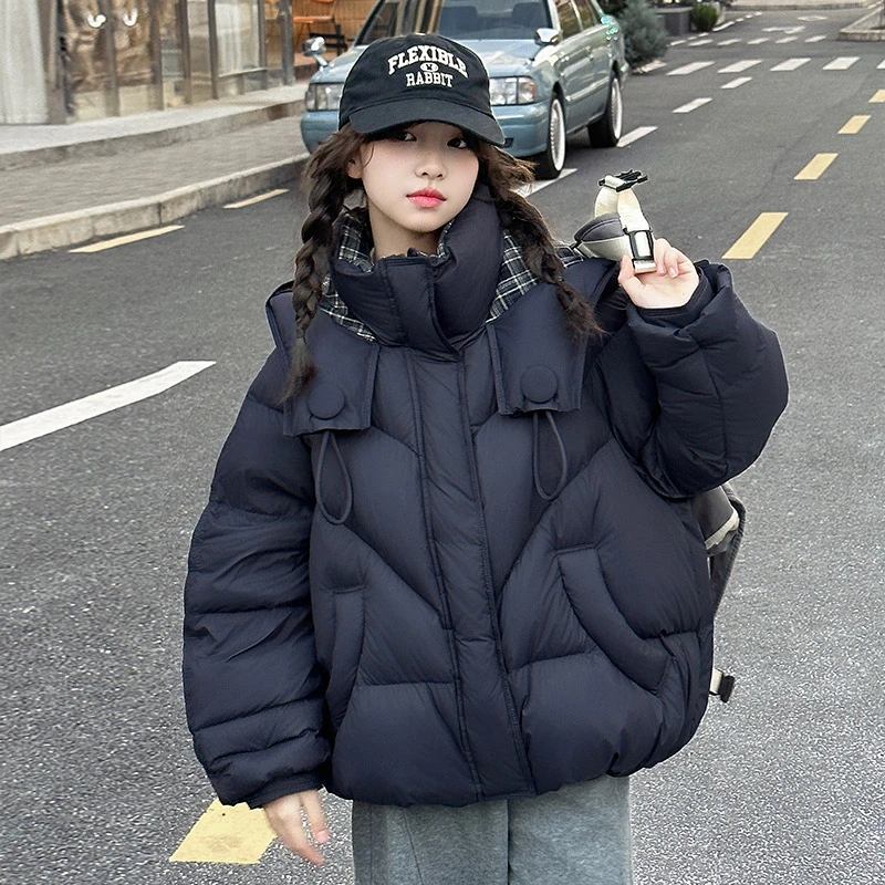 女童连帽棉服格子拼接韩版洋气2025冬季新款中大童棉衣时尚小女孩