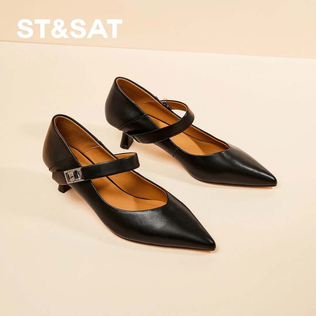 星期六羊皮尖头玛丽珍鞋女鞋夏季增高浅口软底小皮鞋潮流百搭单鞋