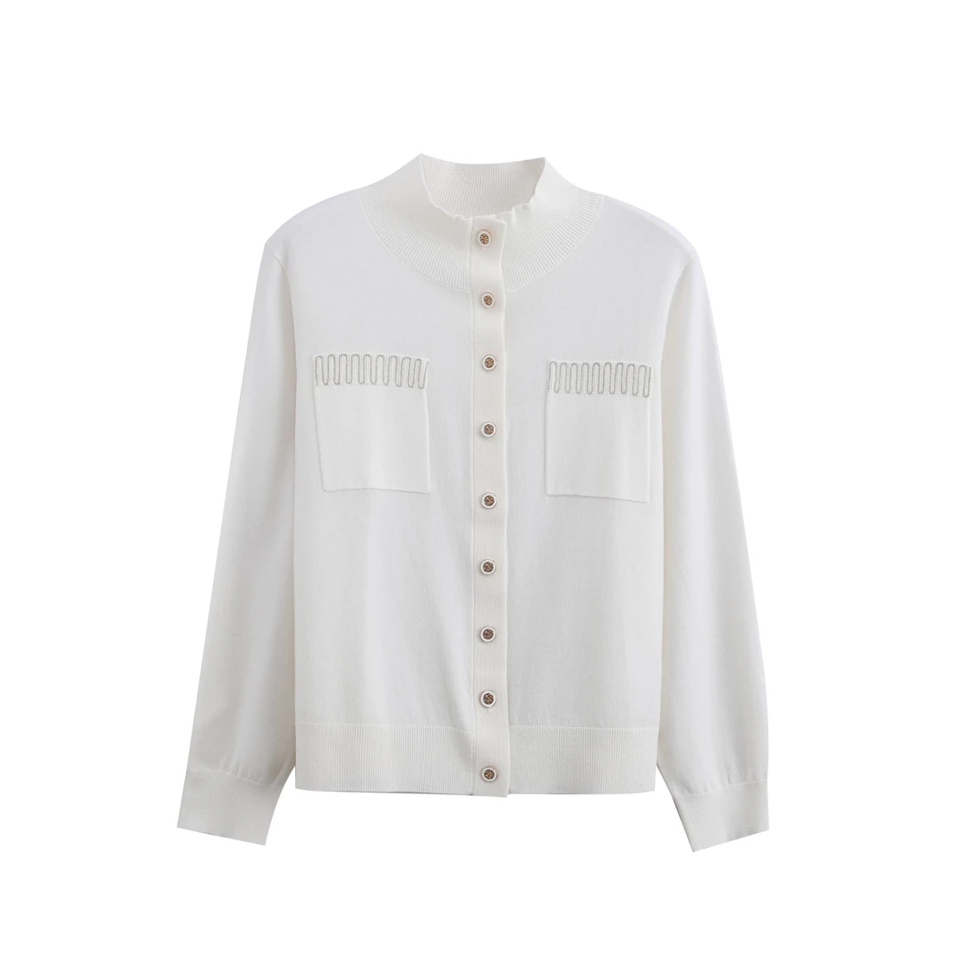 2347【小莹订单】衬衫上衣女翻领极简风秋冬白色时尚立领毛针织衫