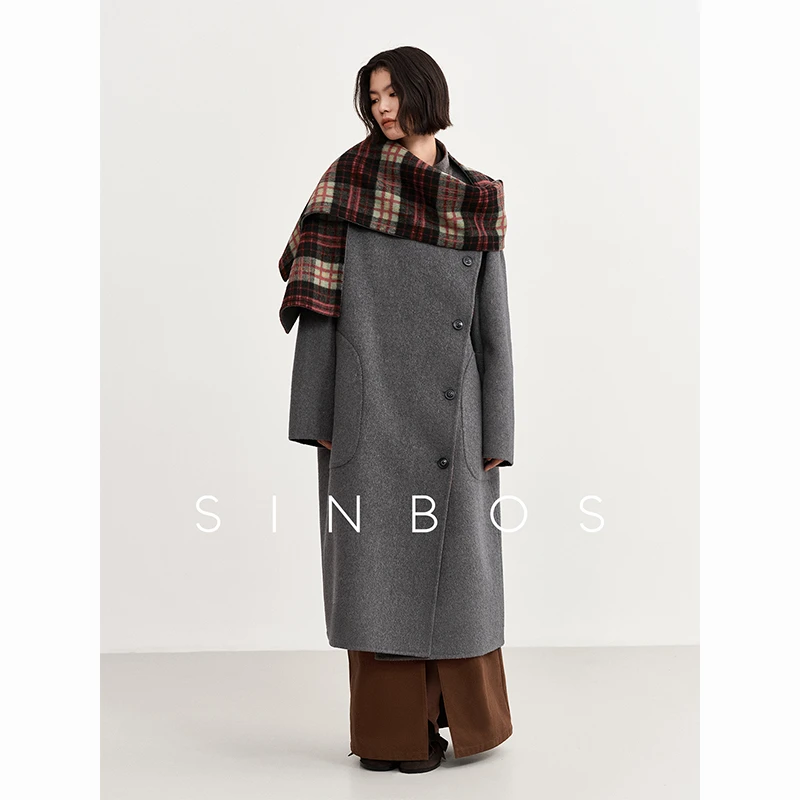 SINBOS圣诞夜双面穿羊毛混纺毛呢大衣2024秋冬新款立领长款外套女