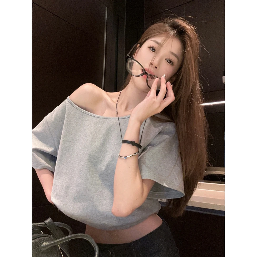 黑色斜肩短袖宽松T恤女夏季新款休闲松弛感不规则纯色别致百搭上