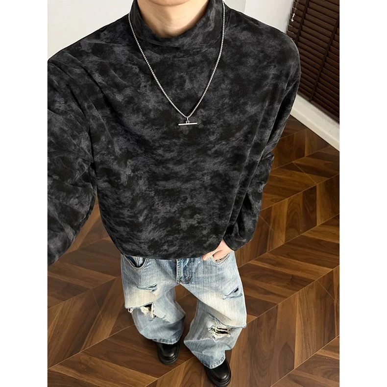 秋季半高领男女情侣设计感晕染宽松T恤韩版港风扎染上衣长袖