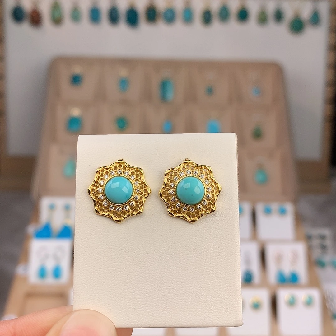 绿松石银S925镶嵌耳饰