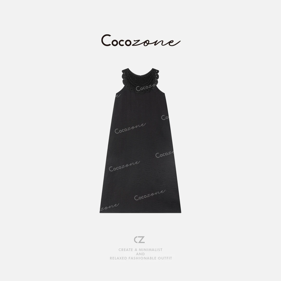 COCO ZONE 刘一一【人丝亚麻混纺】法式镂空圆领连衣裙ACD1A0212