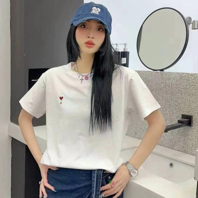 轻薄舒适竹节棉条纹短袖女t恤夏宽松简约刺绣设计感白色圆领上衣