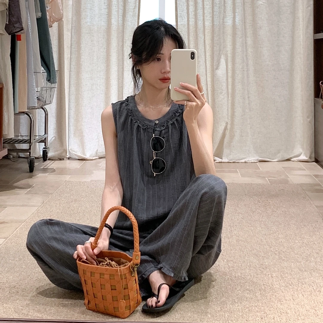 【灰色条纹木耳边背心】女2025夏新条纹高级感小众上衣