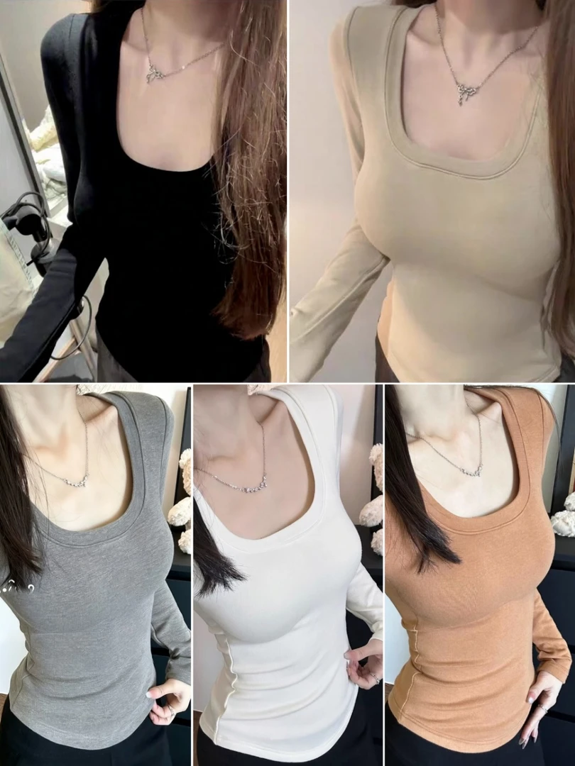 5205#T恤短款纯色显瘦春秋U领长袖一字肩oversize型修身