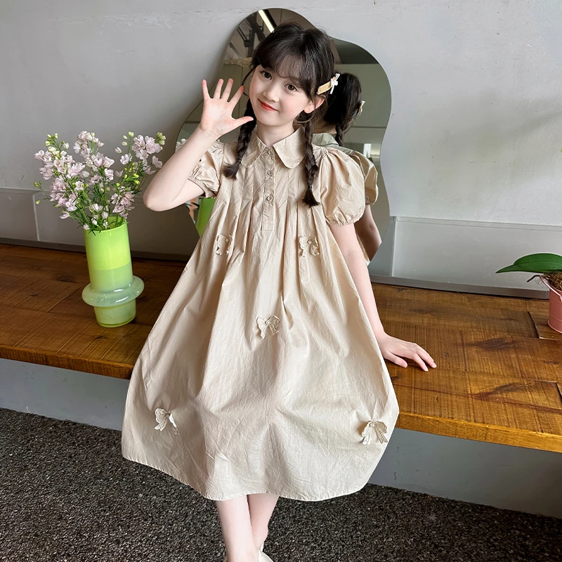 女童新款纯色连衣裙2025夏季中大童女宝儿童夏款休闲裙子棉布裙