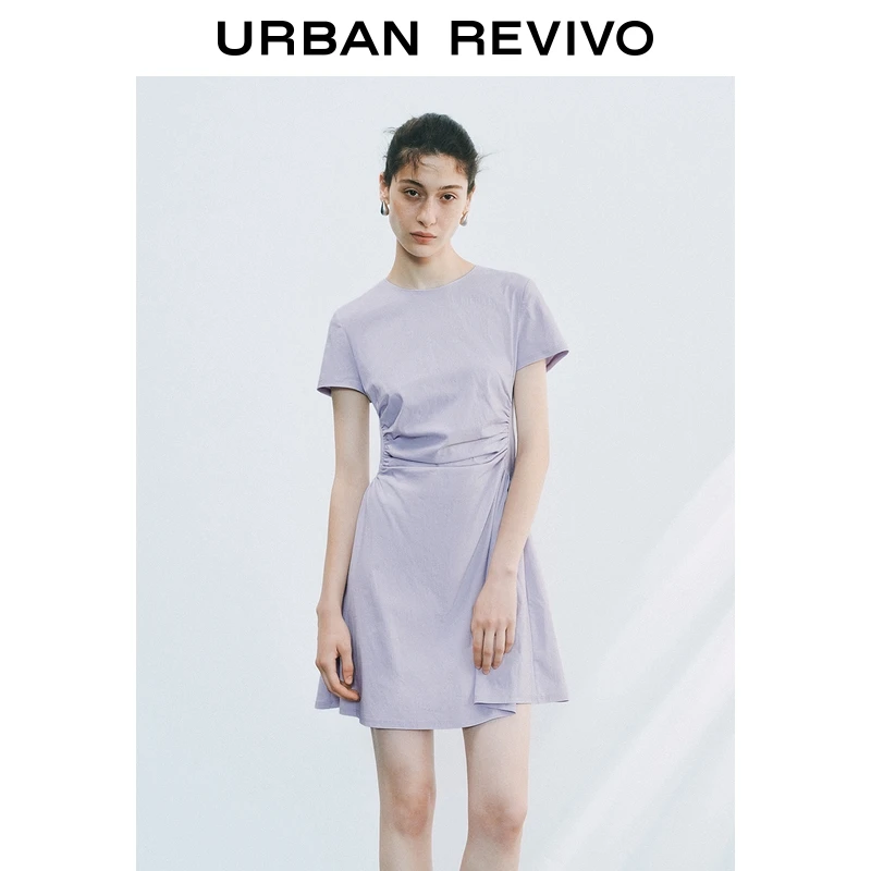 UR2025夏季新款女时尚气质褶皱收腰短款圆领连衣裙UYY750110